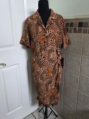 VTG. S.L. Fashions Brown Orange Animal Print Wrap Dress 80s 90s Retro Safari Med